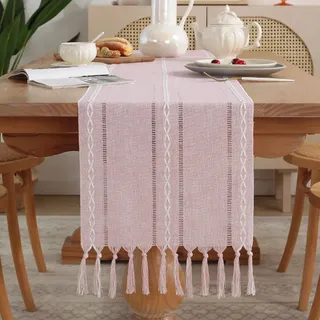 meioro Rustikaler Tischläufer mit Quasten, 33x123cm Landhausstil Boho Table Runner Geflochten Gestreift, Leinen Polyester Tisch Dekoration für Essen Party Urlaub und Hochzeit (Rosa)