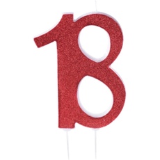 Modecor - Kerze Red 18 - Dekorative Kerze für Geburtstagskuchen oder Jahrestag - Farbe leuchtend rot - roter Glitzer - Größe 18