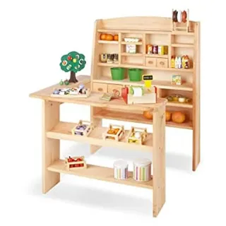 Pinolino Kaufladen Emma, Spielküche aus Holz, ohne Kinderküchenzubehör, standfeste Kinderküche, Kinder Kaufmannsladen, Spielzeug ab 3 Jahre, Maße B 92 x T 94 x H 110 cm, unbehandelt