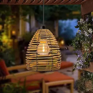 YIKEGE LICHT Vintage Hängelampe mit Batterie Hängeleuchte Akku Pendelleuchte Boho Rattan Lampenschirm Deckenlampe ohne Strom Wandlampe Wetterfest Laternen für Garten Balkon Weihnachten Deko Geschenk
