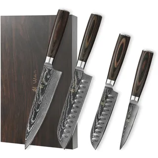 Wakoli EDIB Essentials Scharfes Damast Küchenmesser Messerset - Chefmesser, Santoku & Gemüsemesser - Kochmesser aus 67 Lagen Damaststahl VG10 Kern 60±1 HRC - Pakkaholzgriff - Küchen Messer in Holzbox