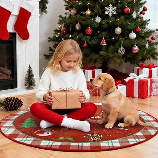 Carvapet Weihnachts-Waschbarer runder Teppich 90 cm/3 ft Rutschfester dünner runder Teppich Roter, Wohnzimmer und Flur