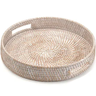 Rundes Rattan Serviertablett, Handgewebtes Serviertablett mit Griffen, Wicker Servierkorb, Dekoratives Tablett für Küche, Wohnzimmer (Weiße, 30 cm)