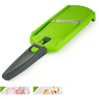 Börner Multi Slicer Gemüseschneider • Gemüsehobel für Scheiben in 2 Schnittstärken • Vegetable Slicer für Obst & Gemüse • Kompakter Mini Küchenhobel • Farbe: Grün mit grauem Griff