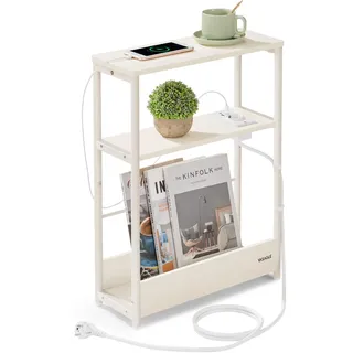 VASAGLE Beistelltisch schmal, Nachttisch mit Ladefunktion, 3 Ablagen | Couchtisch klein, Zeitschriftenhalter, Cremeweiss-Mattschwarz, BARNET Kollektion LET335W02