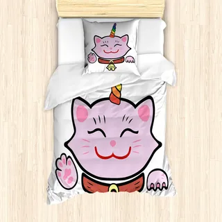 ABAKUHAUS Einhorn-Katze Mantele, Rosa Maneki Neko, Milbensicher Allergiker geeignet mit Kissenbezügen, 135 cm x 200 cm - 80 x 80 cm, Mehrfarbig - Rosa