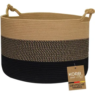 HMF Aufbewahrungskorb mit Glücksknoten-Griffen, großer Korb aus Baumwolle | 50 x 33 cm | Schwarz-Honig