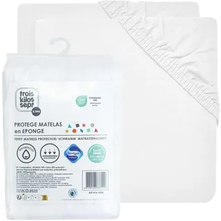 TROIS KILOS SEPT - Matratzenschoner für Babys, 70 x 140 cm – Matratzenschoner aus Frottee, wasserdicht – Öko-Tex®-zertifiziert – antibakteriell und saugfähig – Behandlung SANITIZED – Weiß