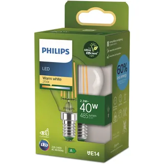 Philips Classic ultraeffiziente LED-Lampe mit Energieeffizienzklasse A, ersetzt 40W, E14 Sockel, Tropfenform, Klar, warmweißes Licht (2700K), neue Generation, Warmweiß