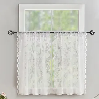 Whakano Scheibengardinen Spitzengardine 2er Set,Kurz Bistrogardine,Kurzvorhang mit Stangendurchzug,Landhaus Gardinen für Kleine Fenster Küche Wohnzimmer Esszimmer Bauernhaus Deko,Weiß,75x60cm