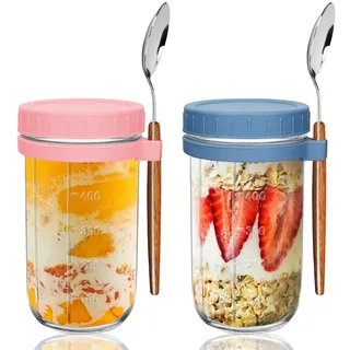 UHAPEER Overnight Oats Behälter, Glas Müslibecher to go 2er Set, 600ml/21oz Müsli Cup to Go Becher, Schraubglas mit Deckel und Löffel, Auslaufsicherer Müslidose Frühstücksdose