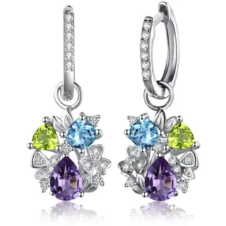 JewelryPalace 2ct Echt Blautopas Amethyst Peridot Ohrhänger Silber 925 Damen, Naturstein Schmuck Set, Ohrringe Silber Blume Edelstein Mädchen, Creolen Silber Bunt Modeschmuck für Frauen Geschenke