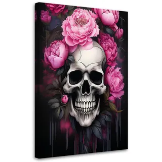 Feeby Wandbild totenkopf rosa pfingstrosen blumen , Pink , Textil , Floral , Rechteckig , 80x120 cm , Bilder & Rahmen, Bilder, Leinwandbilder