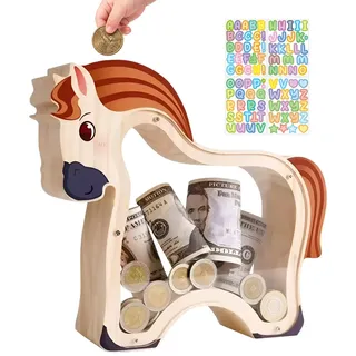 LdawyDE Spardose Kinder, Niedliche Pferde Sparbüchse aus Holz | Personalisierte Sparkasse für Junge Mädchen, mit Sichtfenster, Robust, für Geburtstag, Kinderzimmer Deko und Geldgeschenk