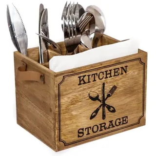 MACOSA VM081145 Besteckkorb Holz braun Besteckkasten Serviettenhalter Tischaufbewahrung mit 3 Besteckfächern Besteck Korb Serviettenspender Holzbehälter