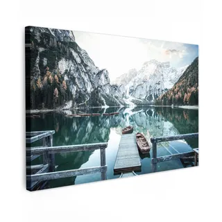 MuchoWow Leinwandbild Natur - Berge - Schnee - Wald - Boot Wanddeko 90x60 cm , Textil , Rechteckig , 90x60 cm , FSC 100% , gerahmt , Bilder & Rahmen, Bilder, Leinwandbilder
