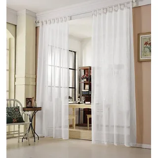 Woltu 2er-Set Gardine Schlaufenschal transparent, mit Schlaufen, Leinen Optik, Doppelpack lichtdurchlässige, 140 x 175 cm,