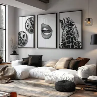 JORCEDI 3er Poster Set Trendiger Geparden, Leoparden Wandkunst, Schwarz Weiß 8 Kugel Bilderwand, Lippen Poster, Wanddekoration Für Wohn- Und Schlafzimmer, Ohne Rahmen (50 x 70 cm)