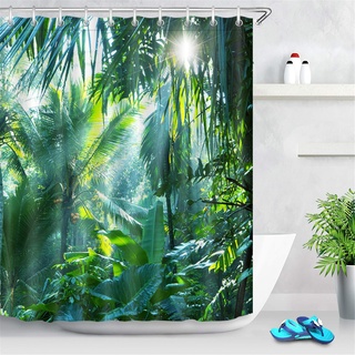 LB Duschvorhang Antischimmel Grün Blätter und Pflanzen im Wald Duschvorhang Wasserdicht Polyester Stoff Dschungel Kurz Duschvorhang für Badewanne mit 10 Haken,150X180CM