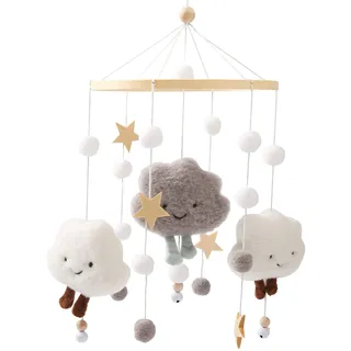 Promise Babe Mobil Baby Windspiele mit Filzbällen Wolken Sterne Mobil Babyzimmer Holz Gehäkelt Bettglocke Anhänger zum Aufhängen Kinderbett Wickeltisch Deko Grau