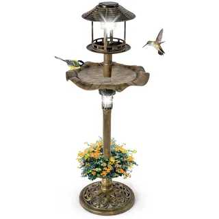 FANTASK Vogeltränke stehend, Ø43x110cm, Vogelbad mit Solarleuchte, Vogelfutterstation Retro mit Blumentopf, Vogelfutterhaus & befüllbarem Ständer, Vogelfutterhaus für Wildvögel & Vögel (Bronze)