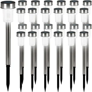 DEUBA® Solarlampe für Außen 24er Set LED Wetterfest IP44 Dämmerungssensor Erdspieß Edelstahl Weiß Solar Garten Leuchte Außenleuchte Balkon Deko