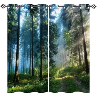 YUANZU Wald Vorhänge Natur Dschungel Misty Wald Baum Pfad Ösen Gardinen mit Blickdichte Vorhang Kälteschutz Blackout Curtain Wohnzimmer Schlafzimmer Verdunkelung Fenster, 2 Stück, H 220 x B 140 cm