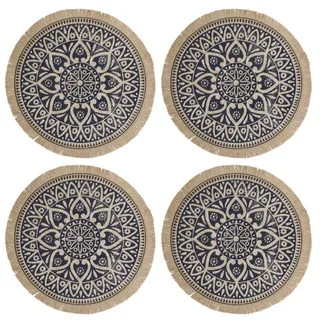 Creative Tops 4-er Set Jute Tischsets, mit Mandala Design, natürliche Tischmatten aus Sackleinen, Bedruckt, Blau, 41 cm Durchmesser