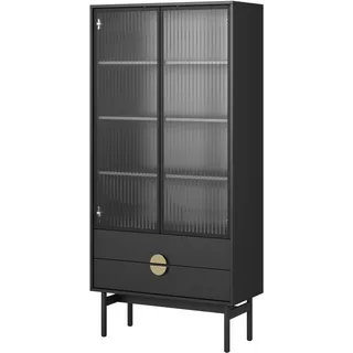 Selsey Vitrine Glas Vitrinenschrank Glasvitrine Wohnzimmer Glastür Hoch 84 cm 2 Schubladen 4 Fächer Schwarz Stoon