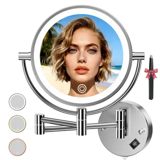 Auxmir Kosmetikspiegel mit LED Beleuchtung 1X/20X Vergrößerung, Dimmbarer Schminkspiegel mit Touchschalter, 3 Farbe Einstellbar, Rasierspiegel Wandmontage für Badezimmer, Spa und Hotel