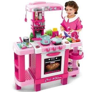 BAKAJI Kinderküche Spielzeug mit Herd Funktionierende Lichter Sounds Ofen und 34 Zubehörteile Spiel Größe 87 x 78 x 29 cm (Rosa)
