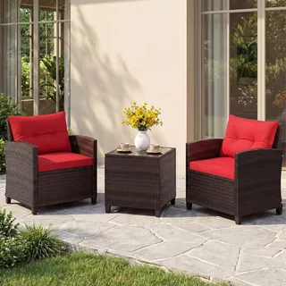 FANTASK Gartenmöbel 3er Set, Balkonmöbel Rattan Set inkl. 2 Rattanstühle & Gartentisch, Gartensitzgruppe Lounge Set mit Akazienholzplatte & Sitzkissen, Sitzgruppe für Terrassen, Balkon (Rot)