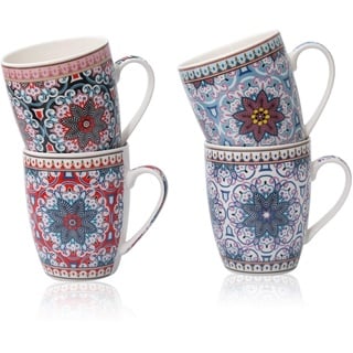 Flanacom Premium Kaffeetassen 4-er Set Orientalisches Design - Große Marokkanische Keramik Kaffee-Becher ca. 300-ml - Hochwertige Boho Tee-Tassen - Kaffeetassen-Set - Geschenk Frauen (Design 6 Sterne)