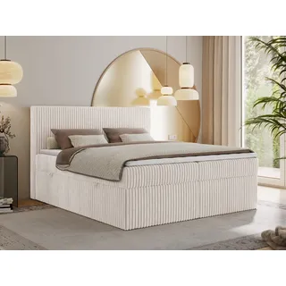 MKS MEBLE Boxspringbett 140x200 Beige Cord, Boxspringbett mit Matratze H4, Bett 140x200 mit Bettkasten and Kopfteil, Doppelbett mit Stauraum, Polsterbett 140x200 - Tiliano - Beige