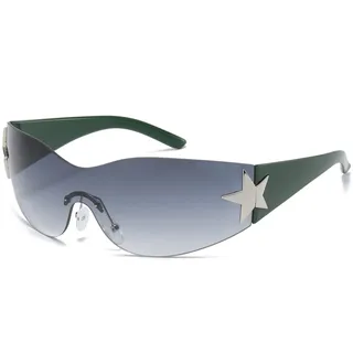 Long Keeper Trend Y2k Wrap Around Sonnenbrille für Damen Herren, Vintage Randlose Sonnenbrille Damen Groß mit Stern UV Schutz Mode Retro Rave Brille
