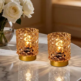 MJ PREMIER Kabellose Tischlampe Gold Warmweiß, Batteriebetriebene Tischleuchte mit Kristall Glas, Timer 6H, Portable Akku Lampe für Schlafzimmer Wohnzimmer, Nachttischlampe Dekoration Goldfarben