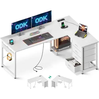 ODK Eckschreibtisch L-Form mit Schubladen und USB-Anschluss, Weiß, 155 x 110 cm - Weiß