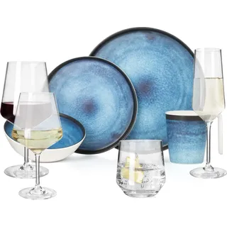 Melamin Camping Geschirr Set 4 Personen Deep Ocean + 16 Milano Gläser Wassergläser Weingläser Champagner-Gläser Flûtes Tafelgeschirr Picknick BBQ Kochgeschirr