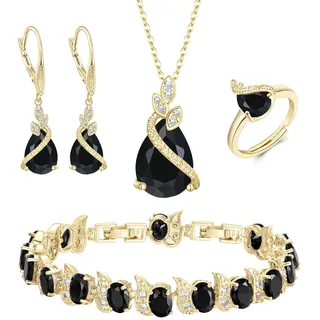 Clearine Teardrop Zirkonia Schmuck-Set für Outfit Halskette, Leverback Ohrringe Tennis Armband und einstellbare Ring Set Geschenk für Geburtstag/Valentinstag/Weihnachten Schwarz Gold-Ton