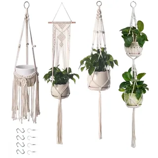 TETSMG Makramee Blumenampel Hängend Innen, 4er Set Boho Deko Makramee Hängeampel mit Haken, Baumwollseil Blumenampel Hängend, Boho Zimmer Deko Aesthetic, Hängeampel für Balkon Fenster Deko (Creme B)