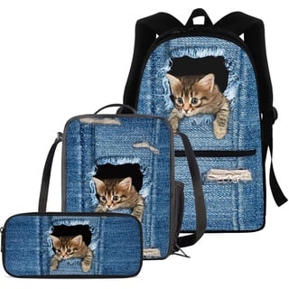 chaqlin Jungen Mädchen süßes Schultaschen-Set, Jeans-Katzen-Rucksack, Schul-Büchertaschen-Set für Kinder, lässiger Tagesrucksack, isolierte Brotdose, Federmäppchen