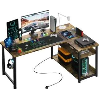 GTPLAYER Eckschreibtisch Schreibtisch Gaming Tisch mit Regal USB-Ladeanschluss und Steckdose (1 Tisch), 120cm Computertisch L Form, PC Tisch für Büro - Braun