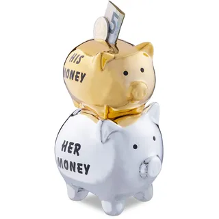 Relaxdays Sparschwein, His & Her Money, 2 Schweine, Lustiges Geldgeschenk für Paare & Hochzeiten, Spardose, silber/gold