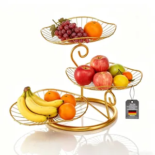 Mihoho 3 Stöckig Metall Obstkorb,Elegante Obstkorb Etagere aus Metall zur Aufbewahrung von z.B. Obst, Brot oder Snacks,Mehrstöckige Obstschale,Hält Obst & Gemüse Frisch (Gold)