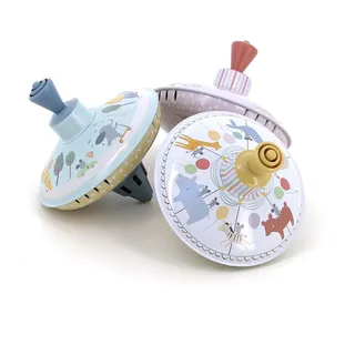 VILAC - Display mit 6 Kreiseln – Sarah Betz – Die kleinen Thekenspielzeuge – 6 Kreisel aus Metall: Jahrmarkt, Tiere und Fahrzeuge – Lernspiele aus Holz – ab 3 Jahren – 7121