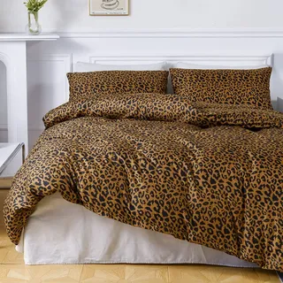 Luofanfei Leoparden Bettwäsche 200x220 cm Leopard Set Leo Braun Gelb Gold Muster Bettwäsche Doppelbett Set 3teilig Luxus Microfaser Leopardenmuster Bettwaesche Bettbezug 220x200 mit Reißverschluss