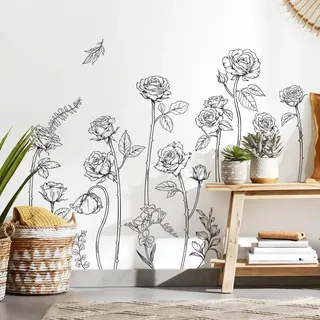 Decvictor Wandtattoo Skizze Rose Blume Wandsticker Weinlese Schwarz Einfache Linie Floral DIY Wandaufkleber Wohnzimmer Schlafzimmer Gang Büro Sofa Hintergrund Wanddeko (W185 * H79 cm)