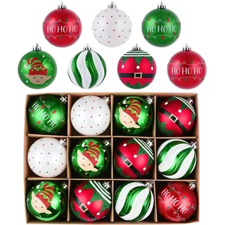 Victor's Workshop Weihnachtskugeln für Weihnachtsdeko,12 Stück 6cm Christbaumkugeln mit Geschenkpaket, Weihnachtsbaumschmuck Christbaumschmuck mit Aufhänger,Thema Rot Grün Weiß(M)