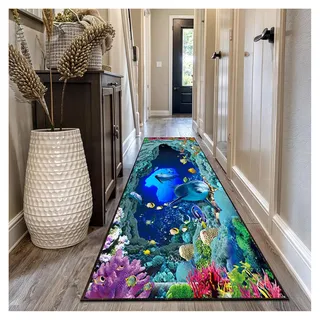 Siunwdiy Teppich Läufer Flur Küche 80 x 200 cm rutschfest waschbar 18D Meeresdesign Blau mit Fischen & Korallen Moderner Flurteppich Lang Küchenteppich für Schlafzimmer Wohnzimmer Korridor Meterware