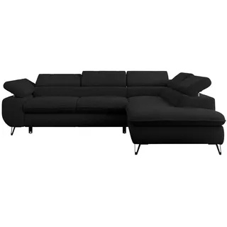 MKS Meble Ecksofa Sofa Schwarz, Wohnlandschaft L-Form mit Schlaffunktion und Bettkasten, Schlafsofa mit Bettkasten, Sofa mit Einstellbare Kopfstützen, Peter L - Schwarz Boucle - Rechts Schwarz - Schwarz